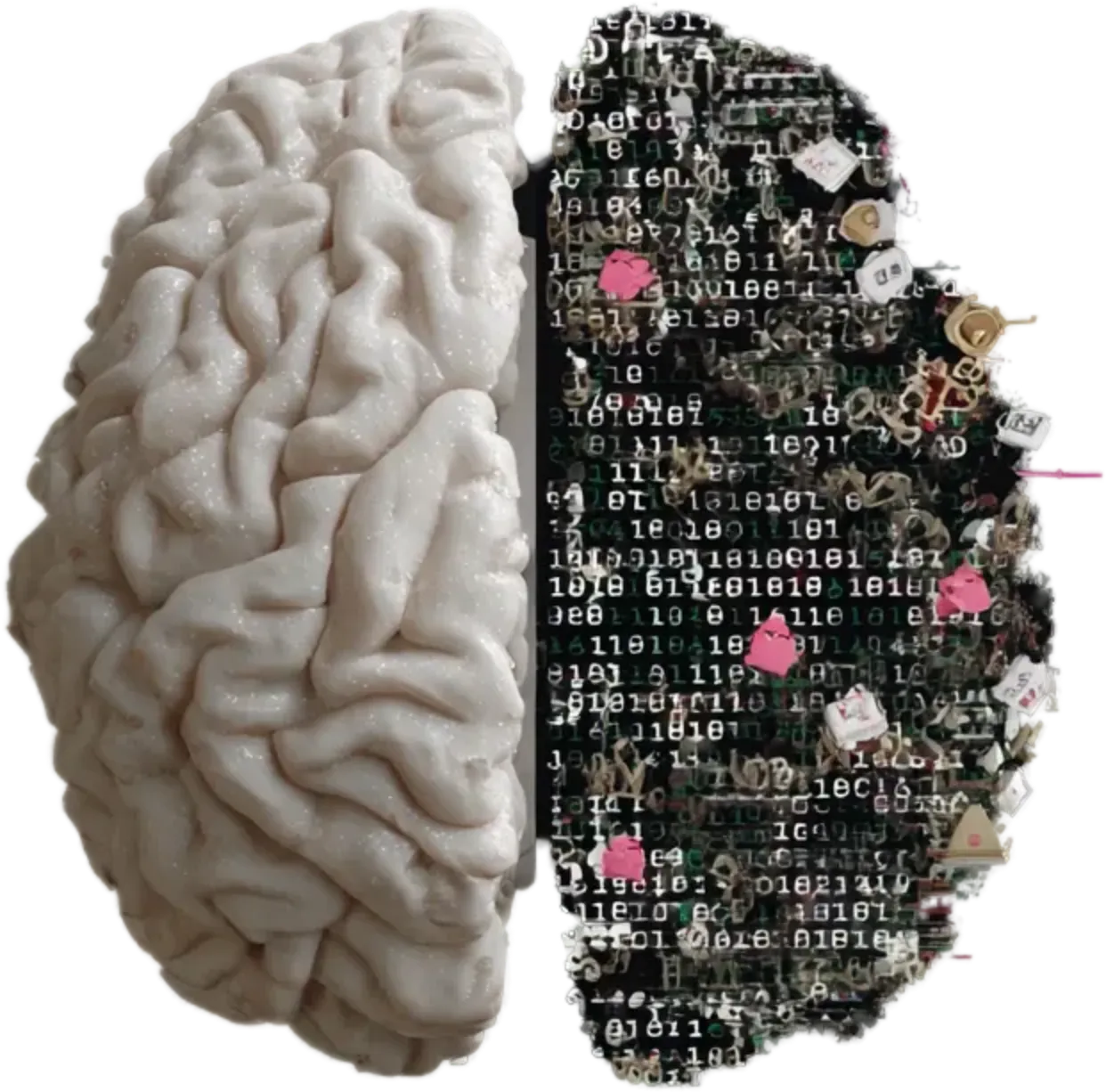 A brain depicted as half organic and half digital circuit board, representing the fusion of human experience and AI.